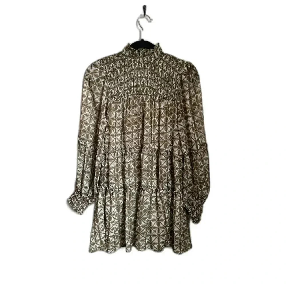 Olivaceous Sage Olive Green and White Mock Neck Dress with Smocking, Long Sleeve
